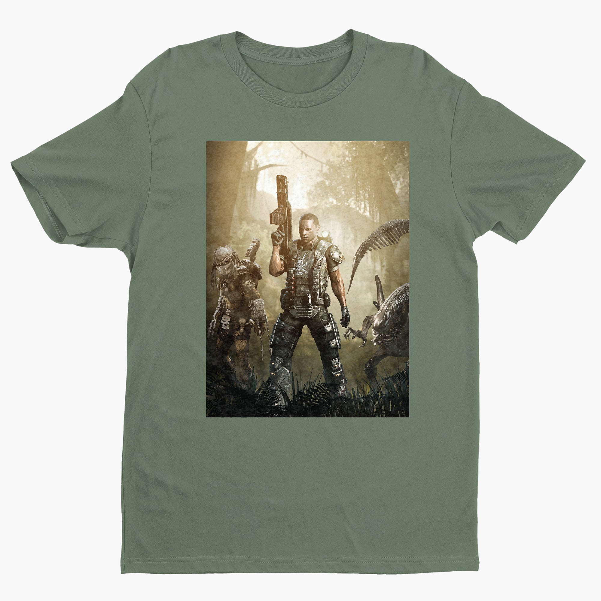 Aliens vs. Predator Colonial Marine tee — green unisex t-shirt, front view